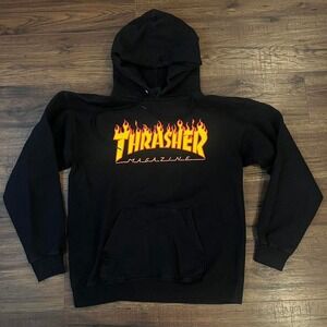 Vintage Thrasher Black Hoodie Logo Flame Small Skater Y2K Streetwear Grunge 90s
